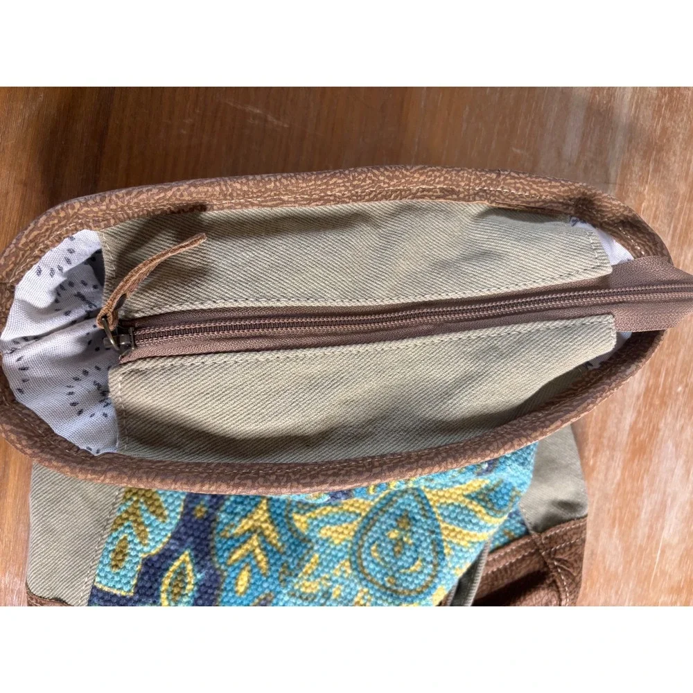 Myra Bag‎ Teal Yellow Tapestry Cotton Canvas Leather Crossbody Bag S-1536